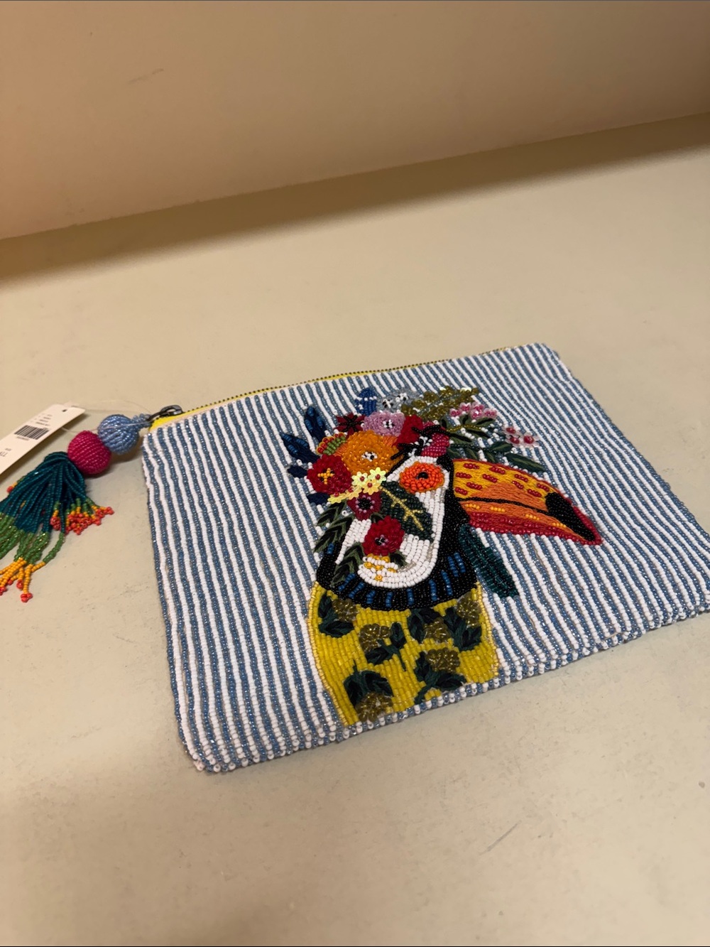 Anthropologie Blue Stripe Beaded Toucan Zip clutch, NWT